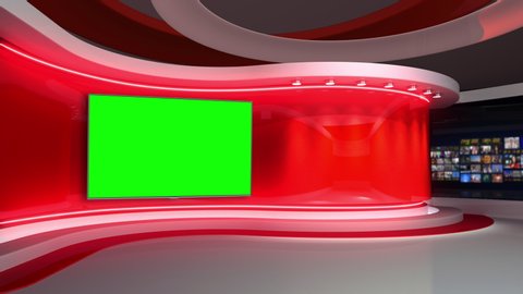 Studio. News Studio. Red Studio. News room. The perfect backdrop for any green screen or chroma key video production. Loop.  3D rendering. 