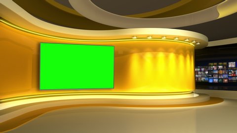 Studio. News Studio. Yellow Studio. News room. The perfect backdrop for any green screen or chroma key video production. Loop.  3D rendering. 