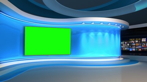 Tv studio. News room. Blye background. News Studio. Studio Background. Newsroom bakground. The perfect backdrop for any green screen or chroma key video production. Loop.  3D rendering. 