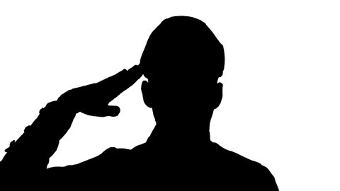 Man soldier saluting, black silhouette on white background.