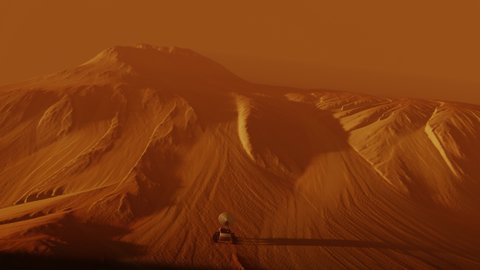 Following a mars rover on red planet surface. Landscape mission science and space cosmos galaxy exploration in univers and space, robot vehicle in cosmos. 3D render animation