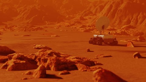 Mars robot searching red planet surface. Landscape mission science and space cosmos galaxy exploration in univers and space, robot vehicle in cosmos. 3D render animation