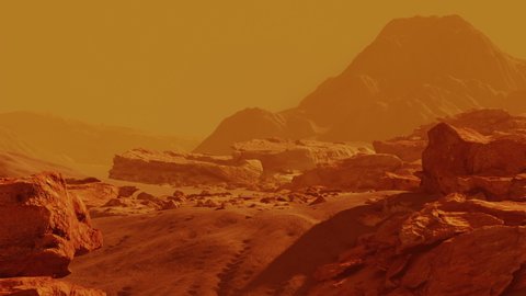 Scene from the red planet mars tonned in yellow color. Surface storm exploration of cosmos and other life forms, desert universe. 3D render animation