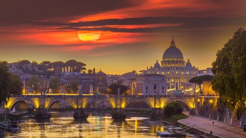 Rome Italy skyline sunset time lpase from day to night, vitican river view.