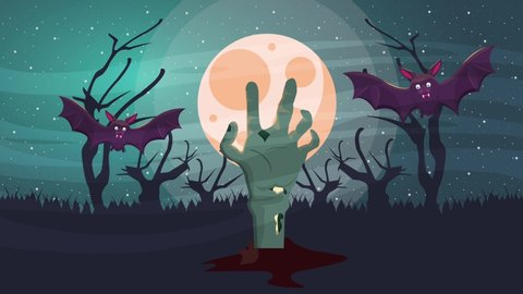 Стоковое видео: happy halloween animated scene with bats flying and death hand ,4k video animation