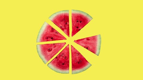 seamless animated watermelon slices above a yellow background top view. realistic 3d food. minimal motion design art and rotation as a clock