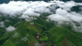 Wonderful aerial view of mountain range with morning fog at Ban Sapan in Nan province, Thailand