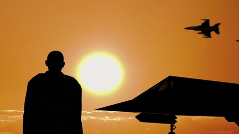 Silhouette of a Jet Pilot and Fighter at Sunset