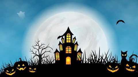 Halloween background animation with concept of blue background, moon, animated trees and grases, flying bats and ghosts, scary pumpkins, haunted castle, and silhouette cat. Scary night of halloween