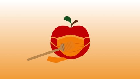Funny Shana Tova, Jewish new year Rosh Hashanah animation - Red apple with Orange face mask cover and Honey Dipper 