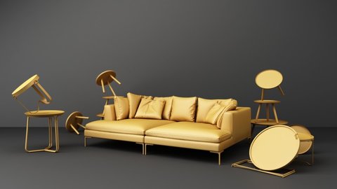 Yellow pastel sofa surrounding by coffee table minimal concept 3d rendering looped animation
