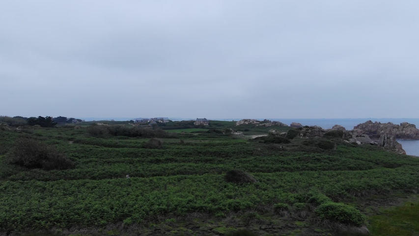 touristic aerial drone shot of Brehat island is an island and commune located near Paimpol, a mile off the northern coast of Brittany. 