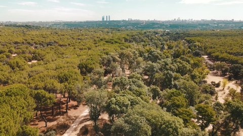 Aerial view of the skyline of Madrid, from a drone, in 4k. Huge green forest.