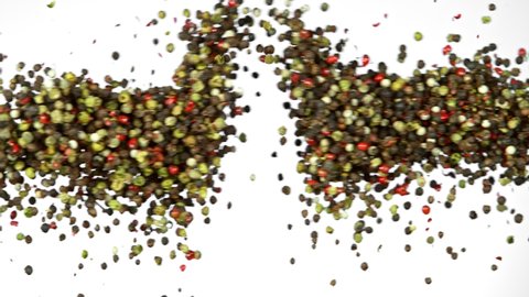 Super Slow Motion Shot of Pepper Seasoning Side Collision Isolated on White Background at 1000fps.