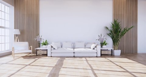A living room with a sofa in a minimalist style White tropical style living room with wood grain floor.
3D rendering