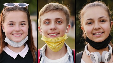Collage of a group of teenage schoolchildren taking off medical masks from their faces and smiling happily at the end of the coronavirus epidemic