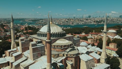 Aerial view of Hagia Sophia mosque and view of Istanbul in daylight