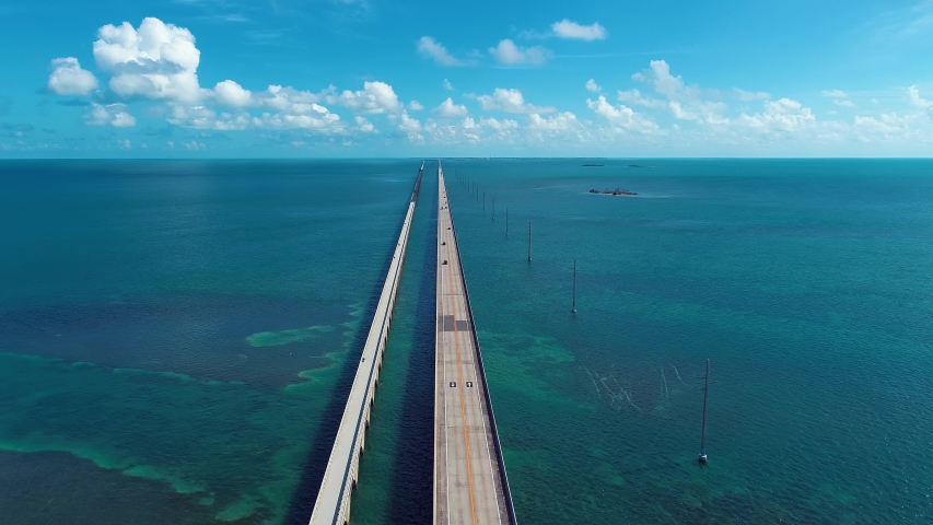 Key West: Seven Mile Bridge, Florida Keys. Aerial view highway bridge, Key West, Florida Keys. Vacation travel highway bridge road. Viaduct. Transportation Coastal road. Highway road. Coastal road. 