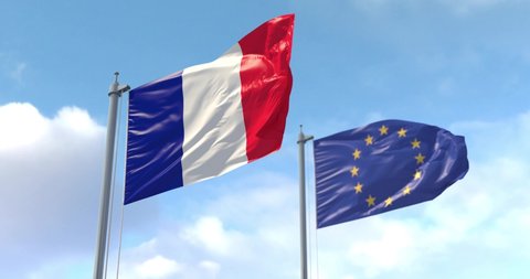 France and EU flag on a flagpole realistic wave on wind. The European Union and The French Republic. Luma Track Mattes for background cutting.
