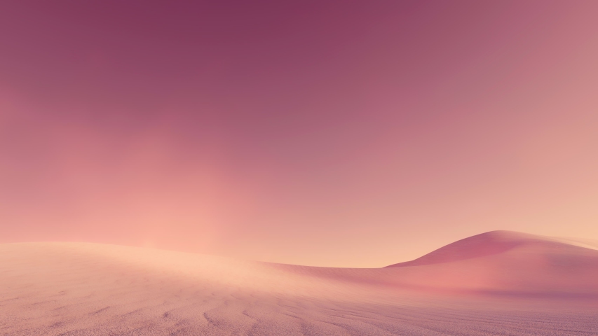 Abstract sandy desert landscape with massive sand dunes covered by dust clouds under fantastic pink cloudless sky at dusk. Panoramic view minimalist concept 3D animation rendered in 4K Royalty-Free Stock Footage #1057875982