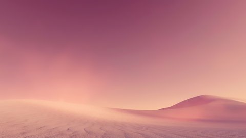 Abstract sandy desert landscape with massive sand dunes covered by dust clouds under fantastic pink cloudless sky at dusk. Panoramic view minimalist concept 3D animation rendered in 4K