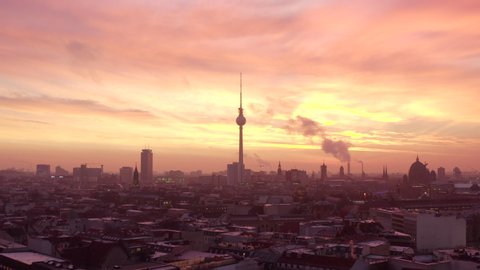 Wide Establishing Shot with Fire Sunset, Berlin
