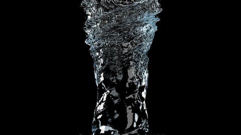 Flowing liquid like water spins into a whirlpool or a tornado on black background. 3D animation. 4k include alpha matte.