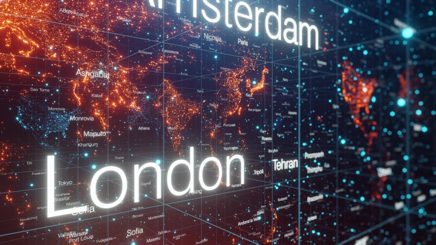 3D animation of an abstract space with a world map and all the world's capitals. 4K loop animation. Royalty-Free Stock Footage #1057881868