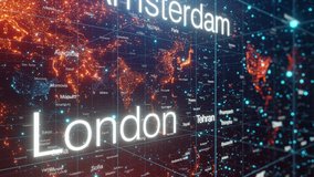 3D animation of an abstract space with a world map and all the world's capitals. 4K loop animation. - Powered by Shutterstock - Get 15% off with code: PIKWIZARD15