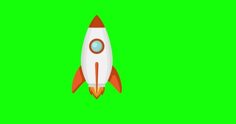 4K Looped animation, Cartoon Rocket flies up on green screen background.  2d Seamless motion animated footage, Spacecraft startup, spaceship launch into space, shuttle in flat style 