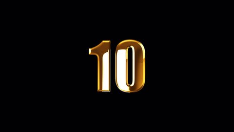 3D countdown gold number from 10 to 0 with light effect.  4K seamless loop isolated transparent video animation text with alpha channel 