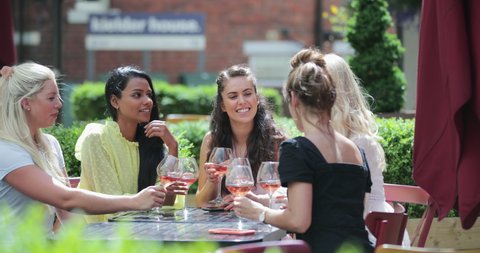 A group of female friends having drinks together in a beer garden. They have a celebratory toast with their drinks.