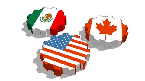 USMCA - United States Mexico Canada Agreement. National flags on spinning gears