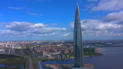 SAINT PETERSBURG, RUSSIA - JULY 18, 2020: Aerial view of the Lakhta Center skyscraper. Gazprom headquarters. Drone flight over the city.