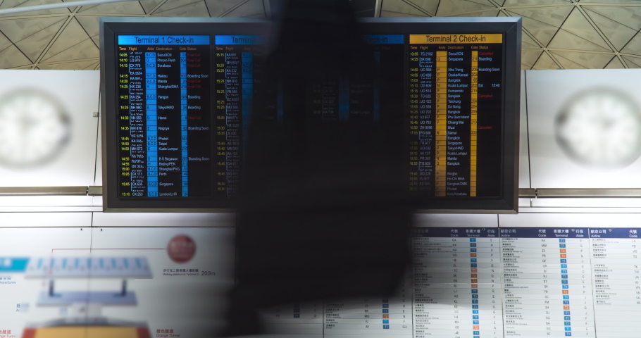 Time lapse. People in international airport looking at the flight information board, checking their flights. Tourists at international airport terminal flight timetable. Travel concept Royalty-Free Stock Footage #1057901839