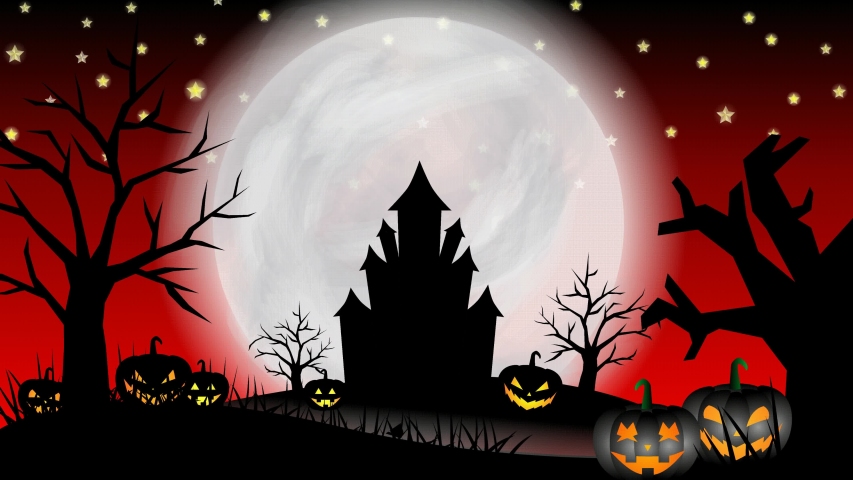 Halloween background animation with the concept of red background, moon, shining stars, flying bats and ghosts, animated fog, trees, and grasses, haunted castle, and animated scary pumpkins | Shutterstock HD Video #1057902598