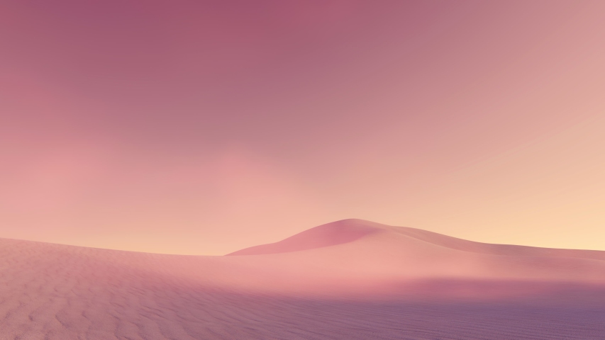 Abstract empty sandy desert with massive sand dunes covered by dust clouds under strange purple sky at dusk. Minimalist wilderness scenery 3D animation rendered in 4K Royalty-Free Stock Footage #1057903174