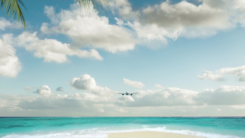 The plane landing at the resort. The airplane landing over the beach. Airplane landing over the beach against the palm trees.  Royalty-Free Stock Footage #1057903882