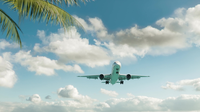 The plane landing at the resort. The airplane landing over the beach. Airplane landing over the beach against the palm trees.  | Shutterstock HD Video #1057903882