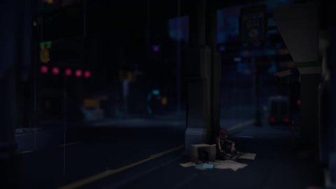 3D Rendering of a dark rainy street with a homeless man. Good for video loops. 