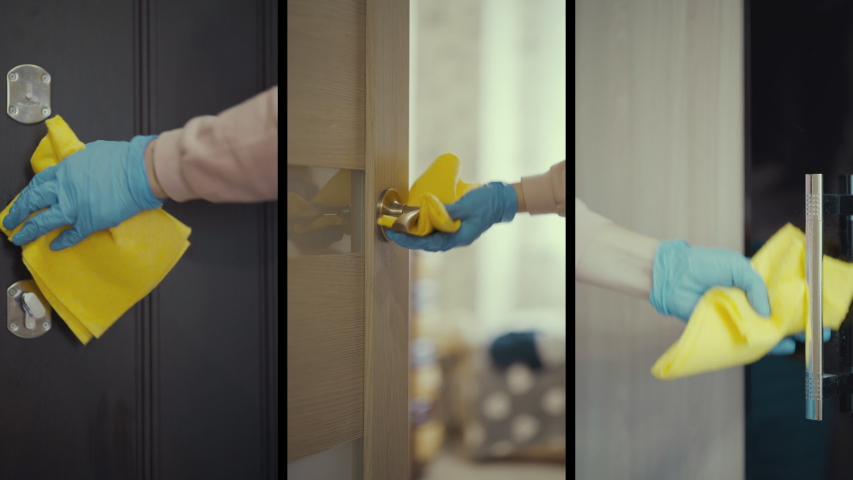 collage a close-up of a person wearing gloves and spraying disinfectant on a door knob. Royalty-Free Stock Footage #1057909933
