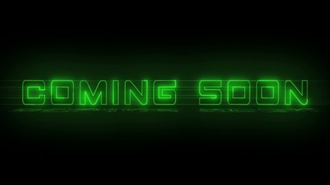Coming soon green neon lights letters animation with reflection and zoom in. You can use for your movie trailers or video advertising. Black background. 4k video animation.