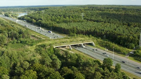 Aerial rising shot of an ecoduct, a wild life bridge that crosses a busy highway in the Netherlands
