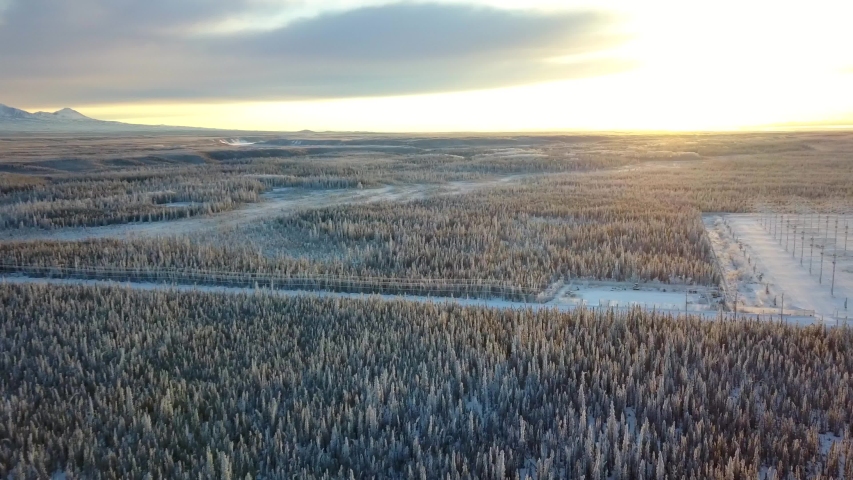 Aerial, reverse, drone shot, panning over Alaskan woods, at sunset, on a sunny, winter evening, in Gakona, Alaska, USA