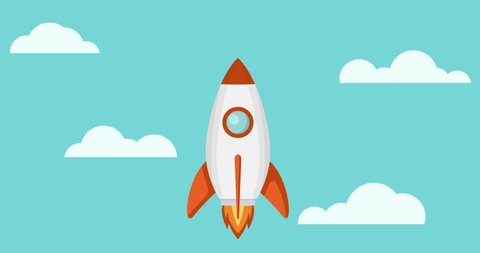 4K Looped animation, spaceship taking off.  Seamless motion animated footage, Cartoon shuttle flying up through cloudy sky. rocket launcher start up, Business Plan, innovation and Success concept