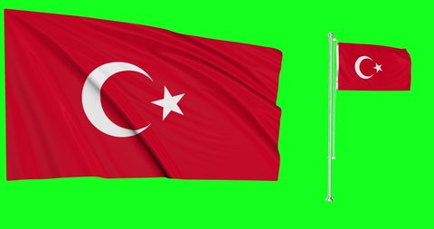 Turkey flags waving in the wind.National symbol of turkish country. Includes Steel flagpole 
 and smaller version.This is a 4k animation and Green screen or chroma key background.