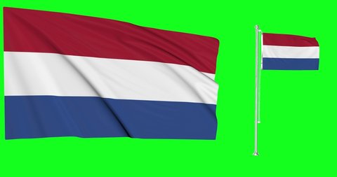 Netherlands flags waving in the wind.National symbol of dutch, holland country. Includes Steel flagpole 
 and smaller version.This is a 4k animation and Green screen or chroma key background.