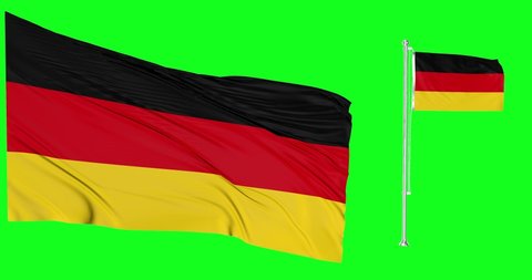 Germany flags waving in the wind.National symbol of german country. Includes Steel flagpole 
 and smaller version.This is a 4k animation and Green screen or chroma key background.