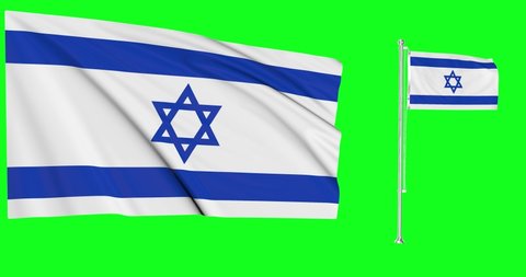 Israel flags waving in the wind.National symbol of israeli country. Includes Steel flagpole 
 and smaller version.This is a 4k animation and Green screen or chroma key background.