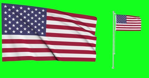 American flags waving in the wind.National symbol of United States USA country. Includes Steel flagpole 
 and smaller version.This is a 4k animation and Green screen or chroma key background.